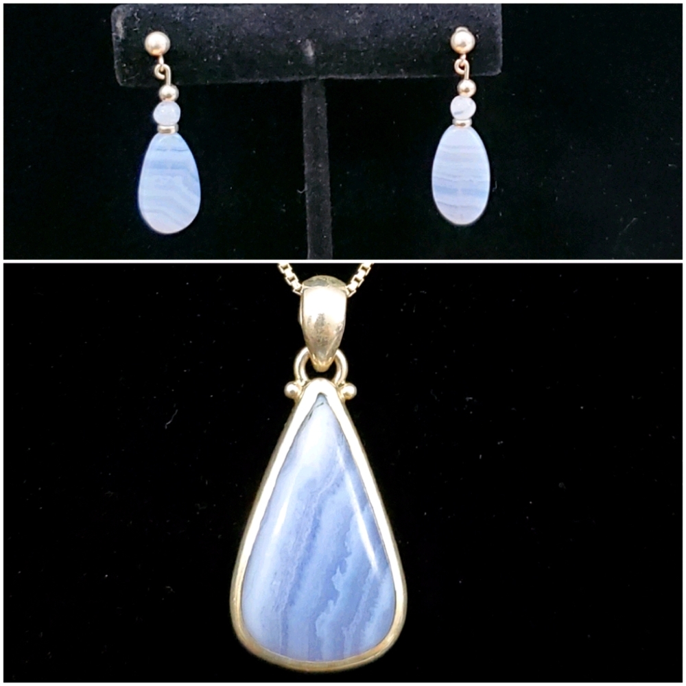925 Sterling Blue Lace Agate Pendant Earrings Set